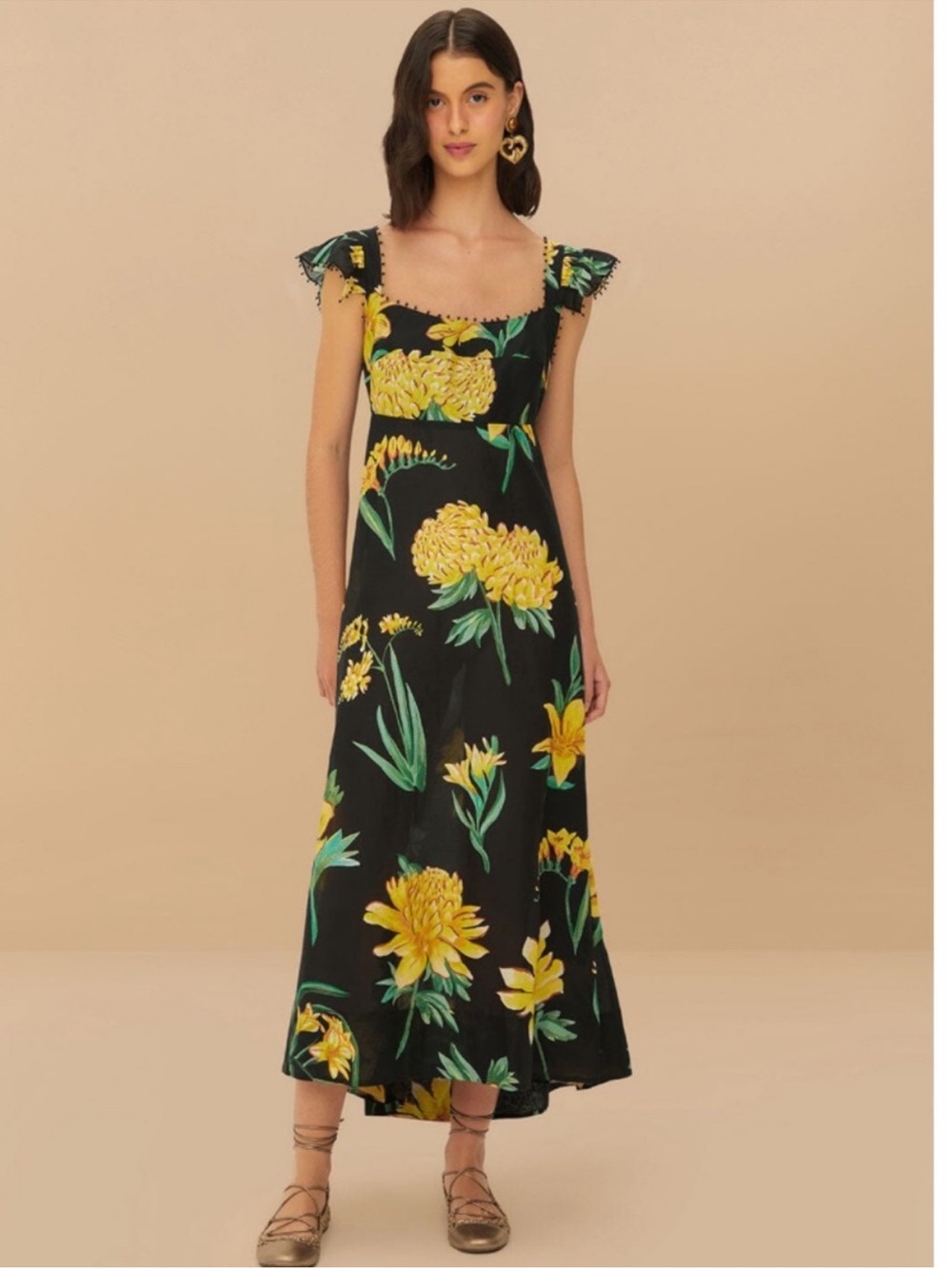 FARM Rio Black Midi Dress with Yellow Floral Print
